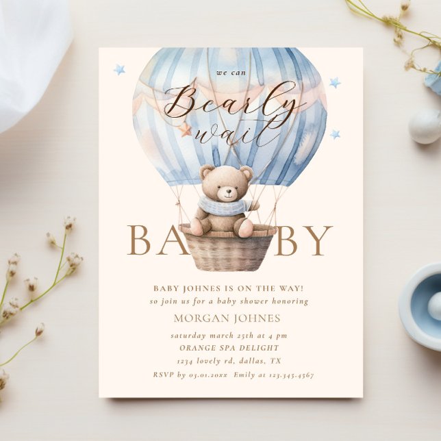 Blue Teddy Bear Bearly Wait Baby Shower Invitation (Creator Uploaded)