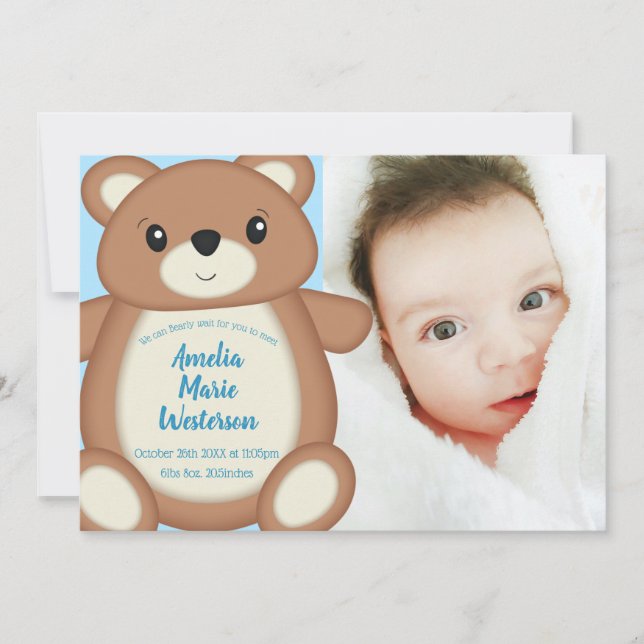 Blue Teddy Bear Birth Announcement (Front)