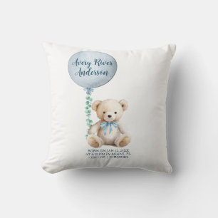 Blue Teddy Bear Birth Stats Baby Pillow
