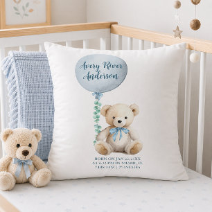 Blue Teddy Bear Birth Stats Baby Pillow