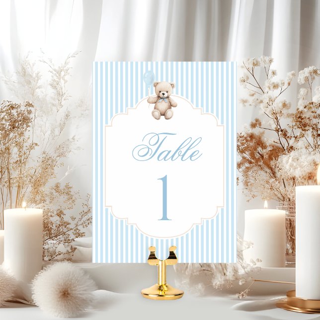 Blue Teddy Bear Bow Balloon Baby Boy Table Number (Creator Uploaded)