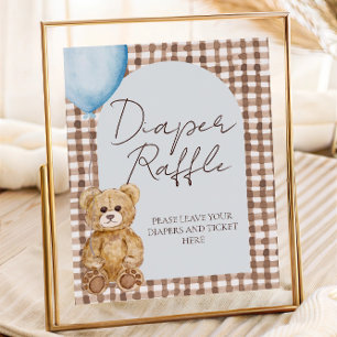 Blue Teddy Bear Boy Baby Shower Diaper Raffle Sign