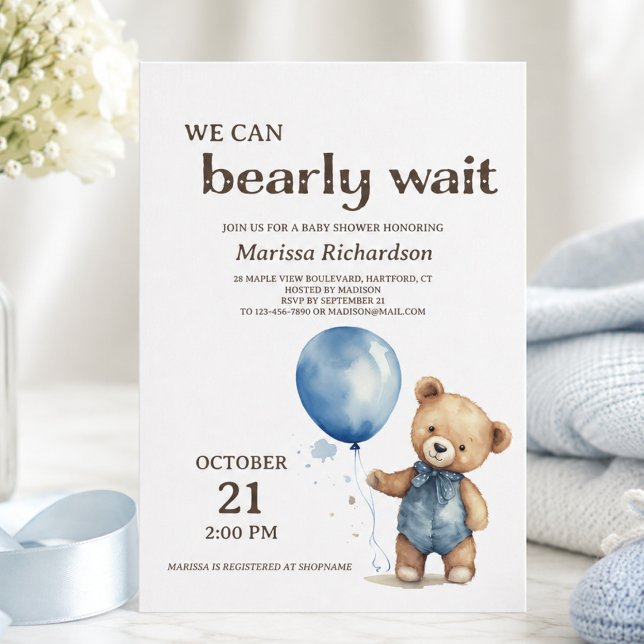 Blue Teddy Bear Boy Baby Shower Invitation (cute elegant whimsical custom we can bearly wait teddy bear blue balloon baby boy shower invitation)