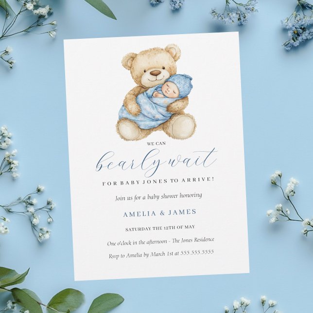 Blue Teddy Bear Boy Baby Shower Invitation (Creator Uploaded)