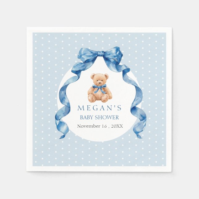 Blue Teddy Bear Boy Baby Shower  Napkin (Front)