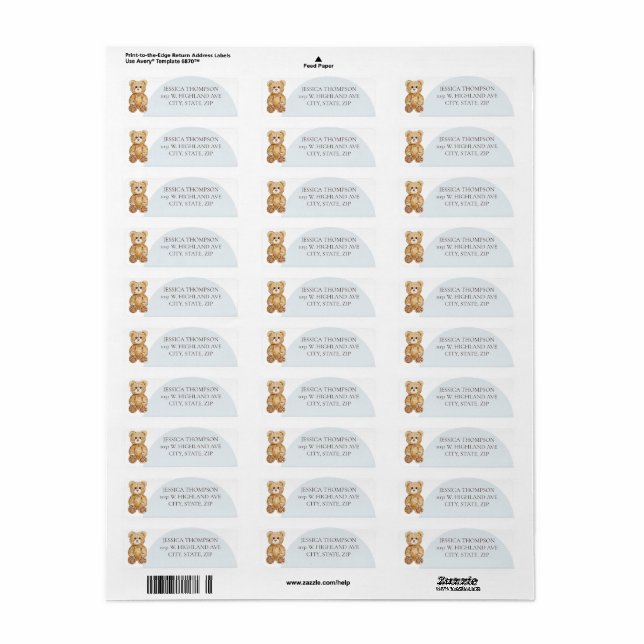 Blue Teddy Bear Boy Baby Shower Return Address  (Full Sheet)