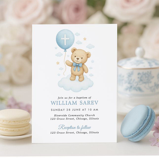 Blue Teddy Bear Boy Baptism Invitation (Sweet teddy bear baptism invite with pastel treats – soft, charming design for baby boys)