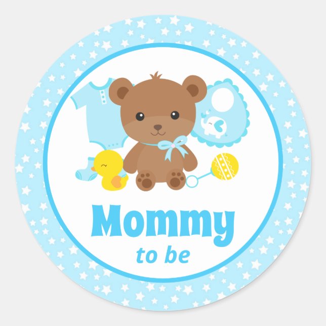 Blue Teddy Bear Clothes Baby Shower Mummy to Be Classic Round Sticker (Front)