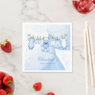 Blue Teddy Bear Clothesline Baby Shower Napkin