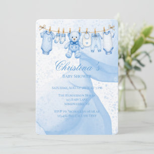 Blue Teddy Bear Clothesline Boy Baby Shower Invitation