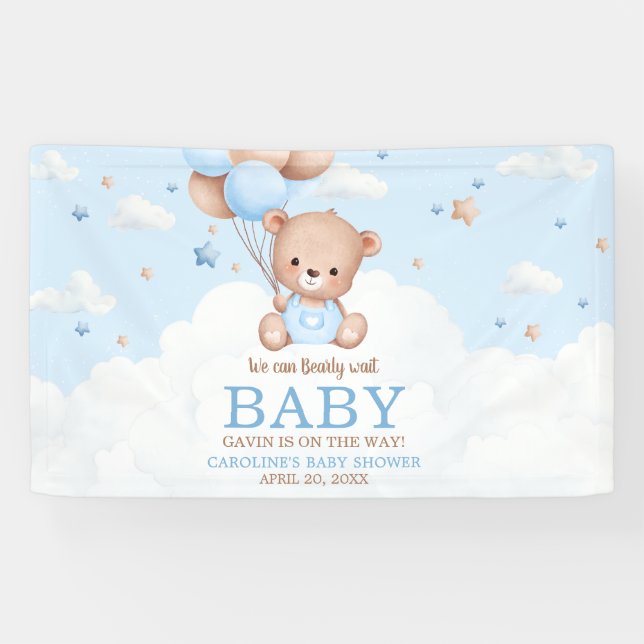 Blue Teddy Bear Clouds Balloon Baby Shower Banner (Horizontal)