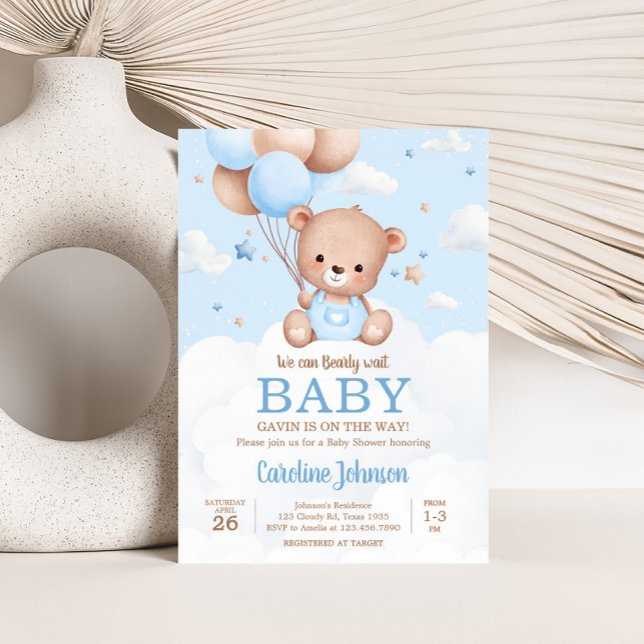 Blue Teddy Bear Clouds Balloon Baby Shower Invitation (Blue Boy Teddy Bear Clouds Balloon Baby Shower Invitation)