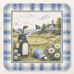 Blue Teddy Bear Country Club Golf Square Paper Coaster