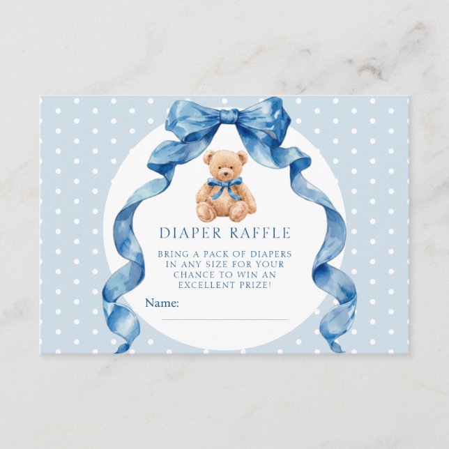 Blue Teddy Bear Diaper Raffle Ticket Enclosure Card (Front)