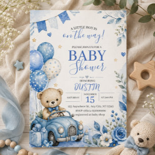 Blue Teddy Bear Driving Car Baby Shower Invitation