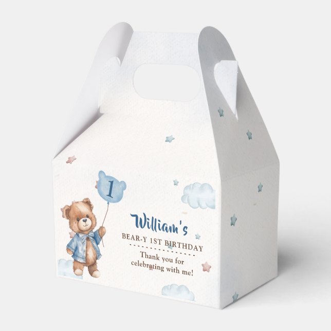 Blue Teddy Bear First Birthday Party Favour Box (Front Side)