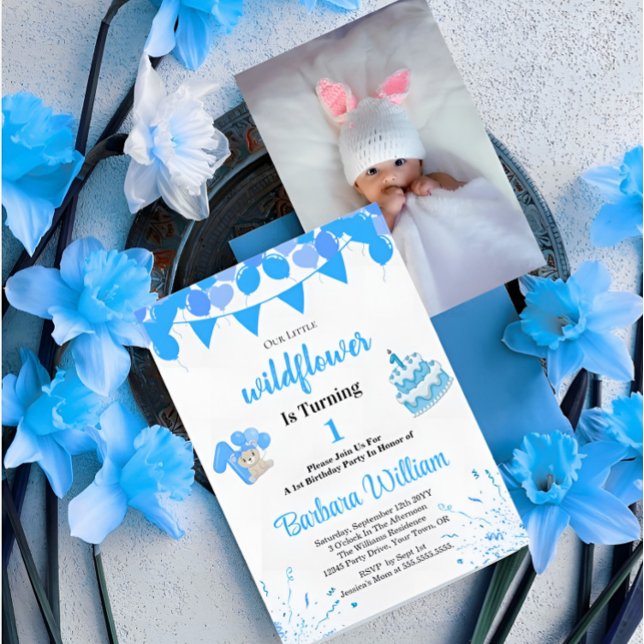 Blue Teddy Bear First Birthday Photo Invitation (Creator Uploaded)