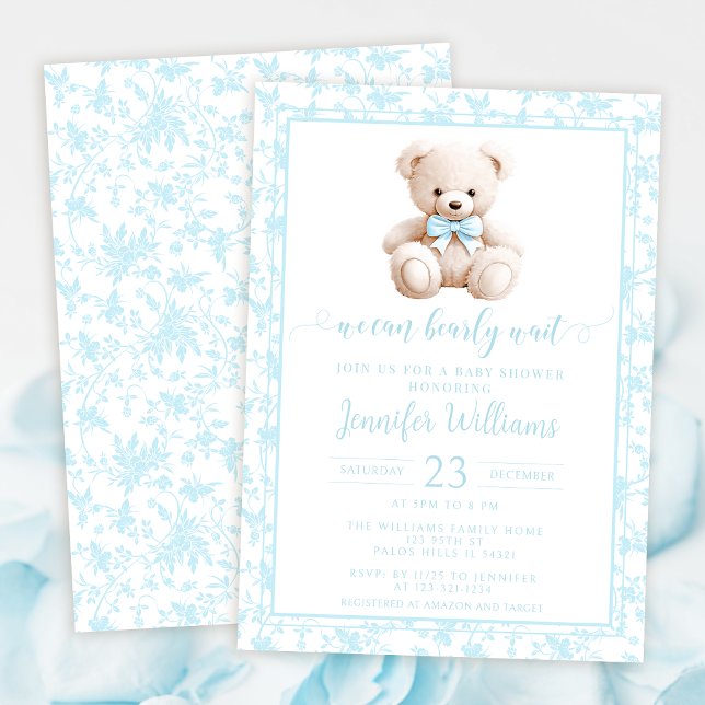 Blue teddy bear floral pattern baby boy shower invitation (Creator Uploaded)