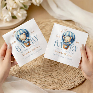 Blue Teddy Bear Hot Air Balloon Baby Shower Napkin