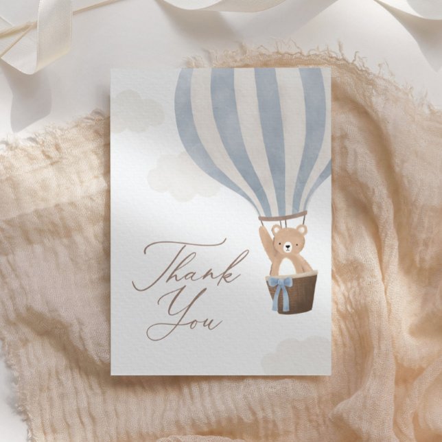 Blue Teddy Bear Hot Air Balloon Baby Shower Thank You Card (Creator Uploaded)