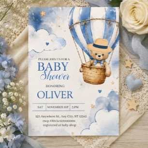 Blue Teddy Bear Hot Air Balloon Boy Baby Shower Invitation