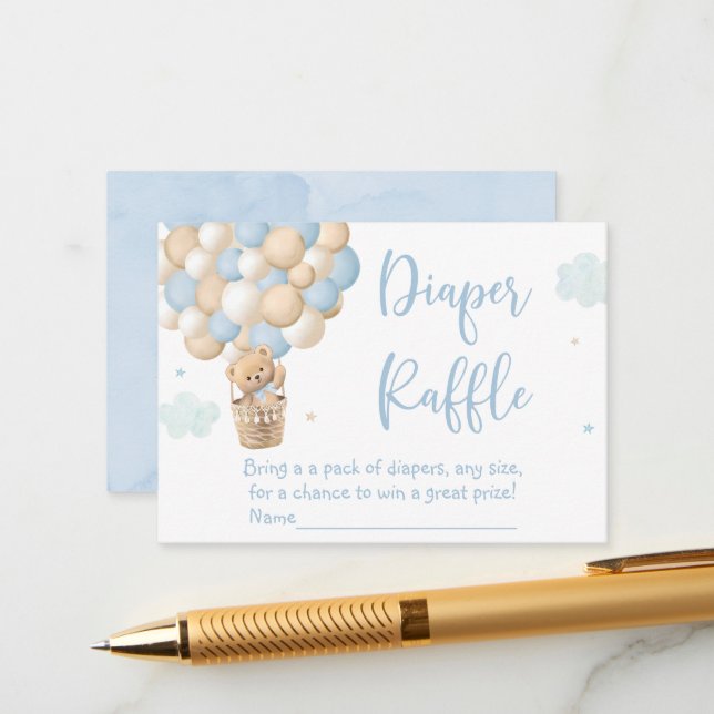 Blue Teddy Bear Hot Air Balloon Diaper Raffle Enclosure Card (Front/Back In Situ)