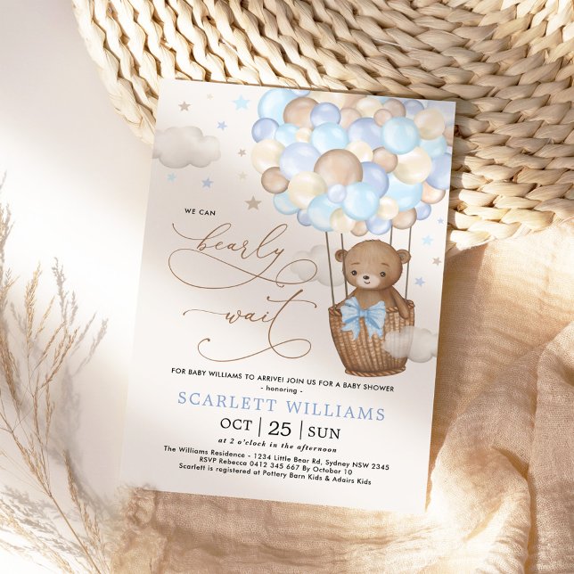Blue Teddy Bear Hot Air Balloons Boy Baby Shower Invitation (Creator Uploaded)