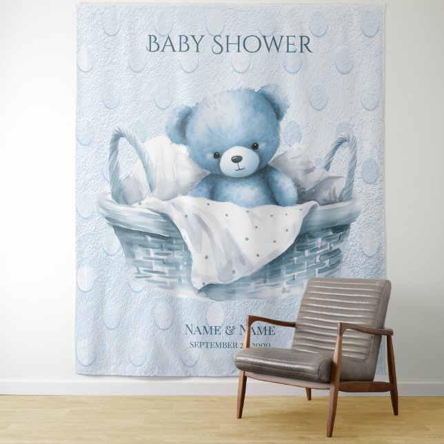 Blue Teddy Bear in Basket Backdrop Tapestry (In Situ)