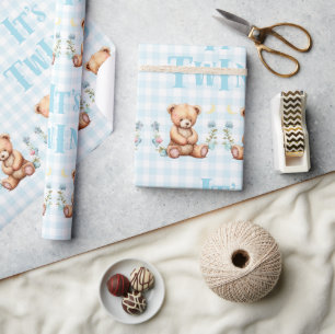 Blue Teddy Bear It’s Twins Typography Baby Shower Wrapping Paper