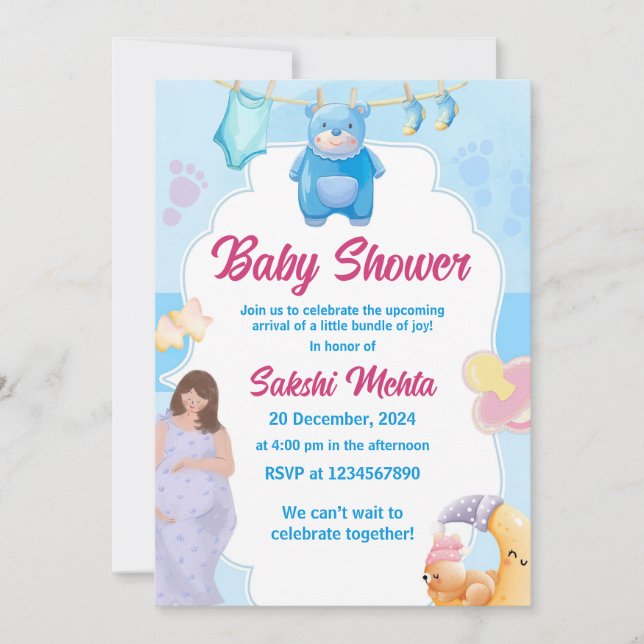 Blue Teddy Bear Its a Boy Baby Shower Invitation (Front)