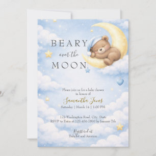 Blue Teddy Bear Moon Baby Shower Invitation