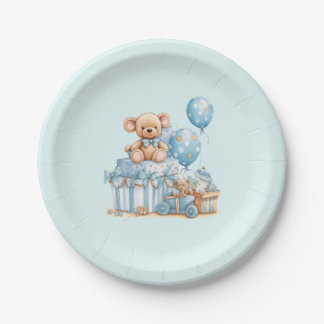 Blue Teddy Bear Moon & Stars Boy Baby Shower Paper Plate