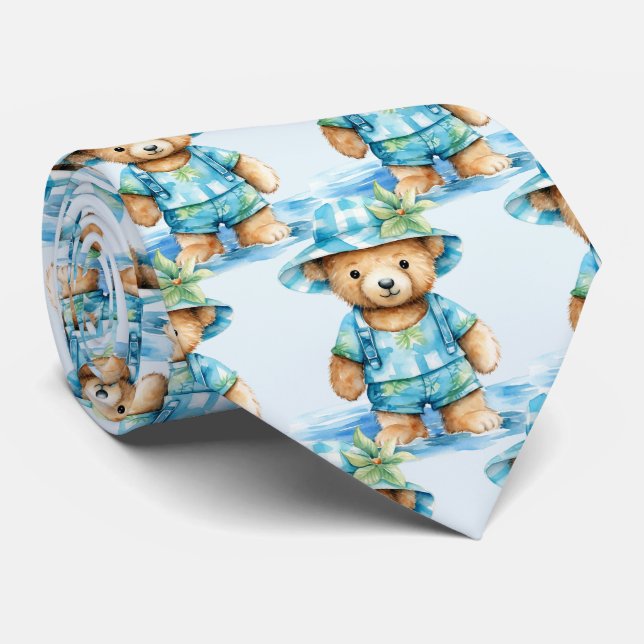 Blue Teddy Bear  Neck Tie (Rolled)