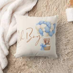 Blue Teddy Bear Oh Boy Balloon Baby Shower Decor Cushion