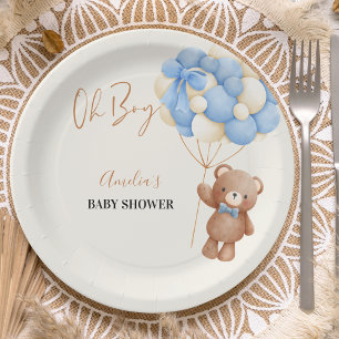 Blue Teddy Bear Oh Boy Balloon Baby Shower Paper Plate