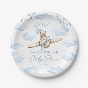 Blue Teddy Bear on Aeroplane Baby Boy Shower Paper Plate