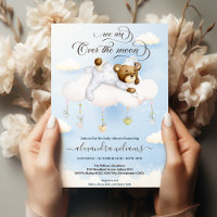 Blue Teddy Bear on Moon Baby Shower