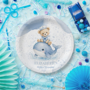 Blue Teddy Bear On Whale Boy Baby Shower Paper Plate