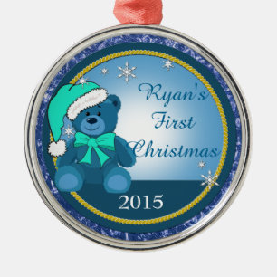 Blue Teddy Bear Personalised Christmas Metal Tree Decoration