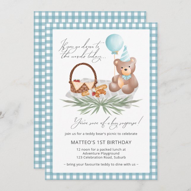 Blue Teddy Bear Picnic First Birthday Balloons Invitation (Front/Back)
