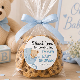 Blue Teddy Bear Pram Thank You Baby Shower Favour Classic Round Sticker
