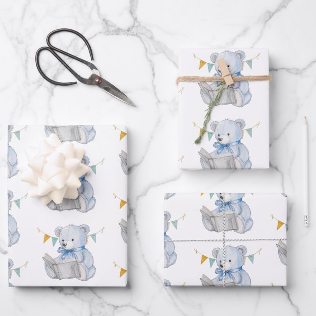 Blue Teddy Bear reading a book Baby Shower Wrapping Paper Sheet (Front)