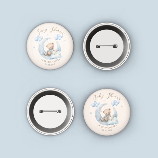 Blue Teddy Bear Stars Baby Shower 3 Cm Round Badge (Creator Uploaded)