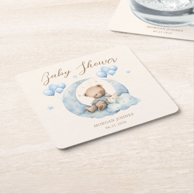 Blue Teddy Bear Stars Baby Shower Square Paper Coaster (Angled)