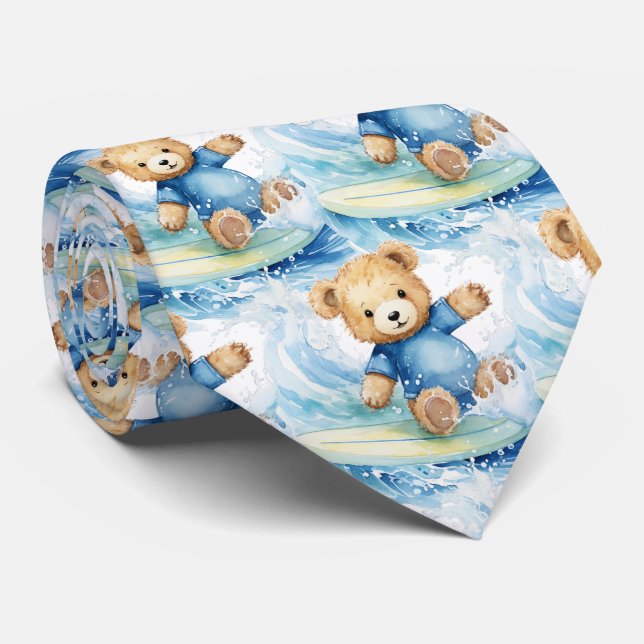 Blue Teddy Bear Surfing Tie (Rolled)