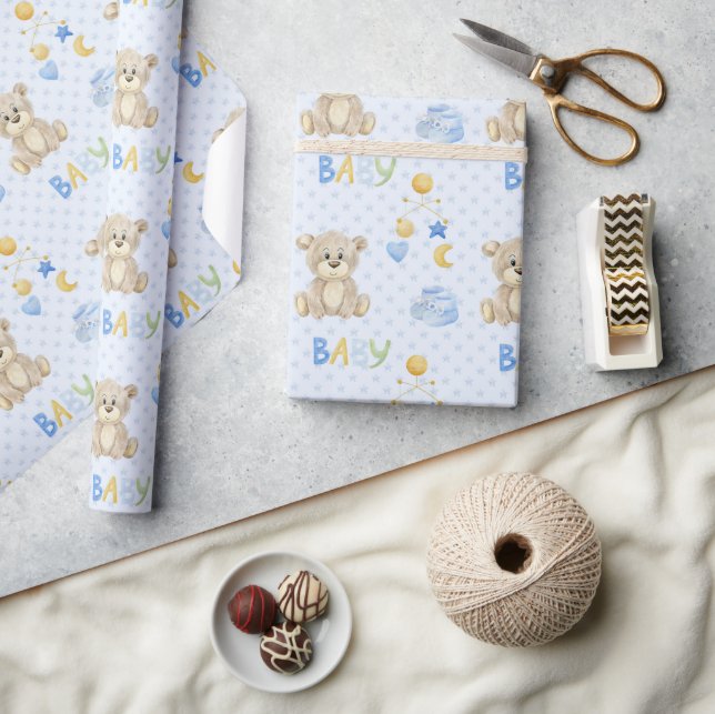 Blue Teddy Bear Watercolor Baby Shower Wrapping Paper (Crafts)
