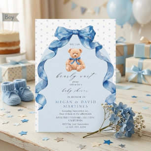 Blue Teddy Bear We can Bearly Wait Baby Boy Shower Invitation