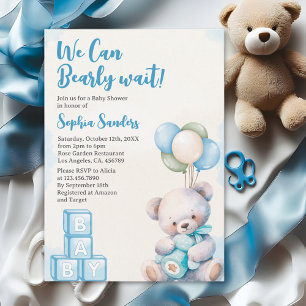 Blue Teddy Bear "We Can Bearly Wait" Baby Shower Invitation