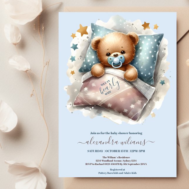 Blue Teddy Bear We Can Bearly Wait Baby Shower Invitation (Creator Uploaded)