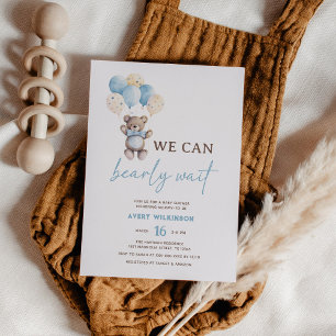 Blue Teddy Bear We Can Bearly Wait Boy Baby Shower Invitation